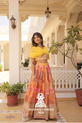πΈ Timeless Beauty in Russian Silk β Digital Print & Foil Embroidered Lehenga Set